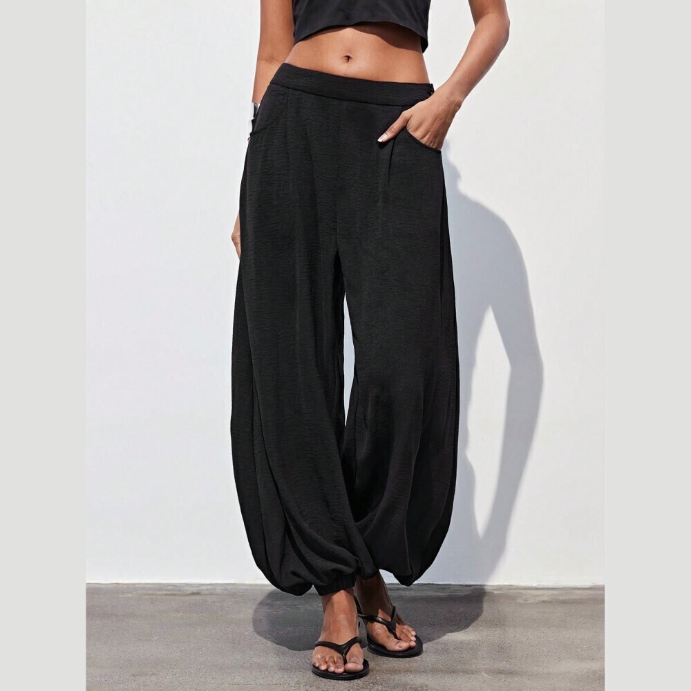 Black Woven Balloon Harem Pants with Pockets